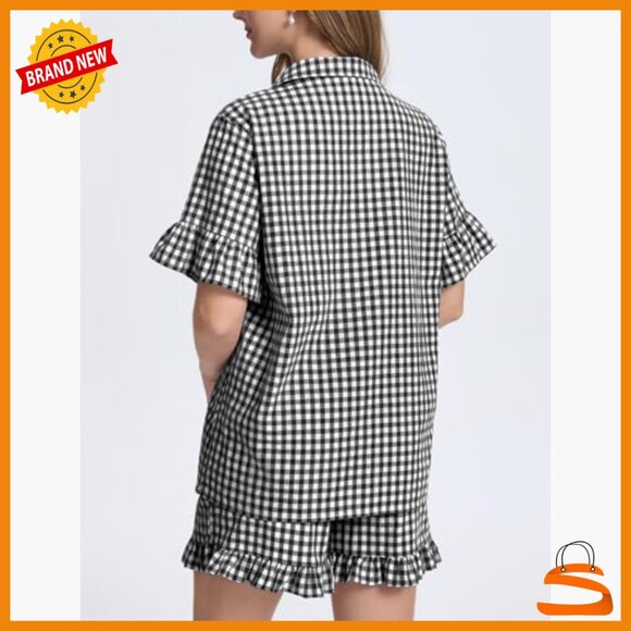 Cotton Gingham Pajama Set with Ruffled Sleeves and Shorts - Picture 3 of 7